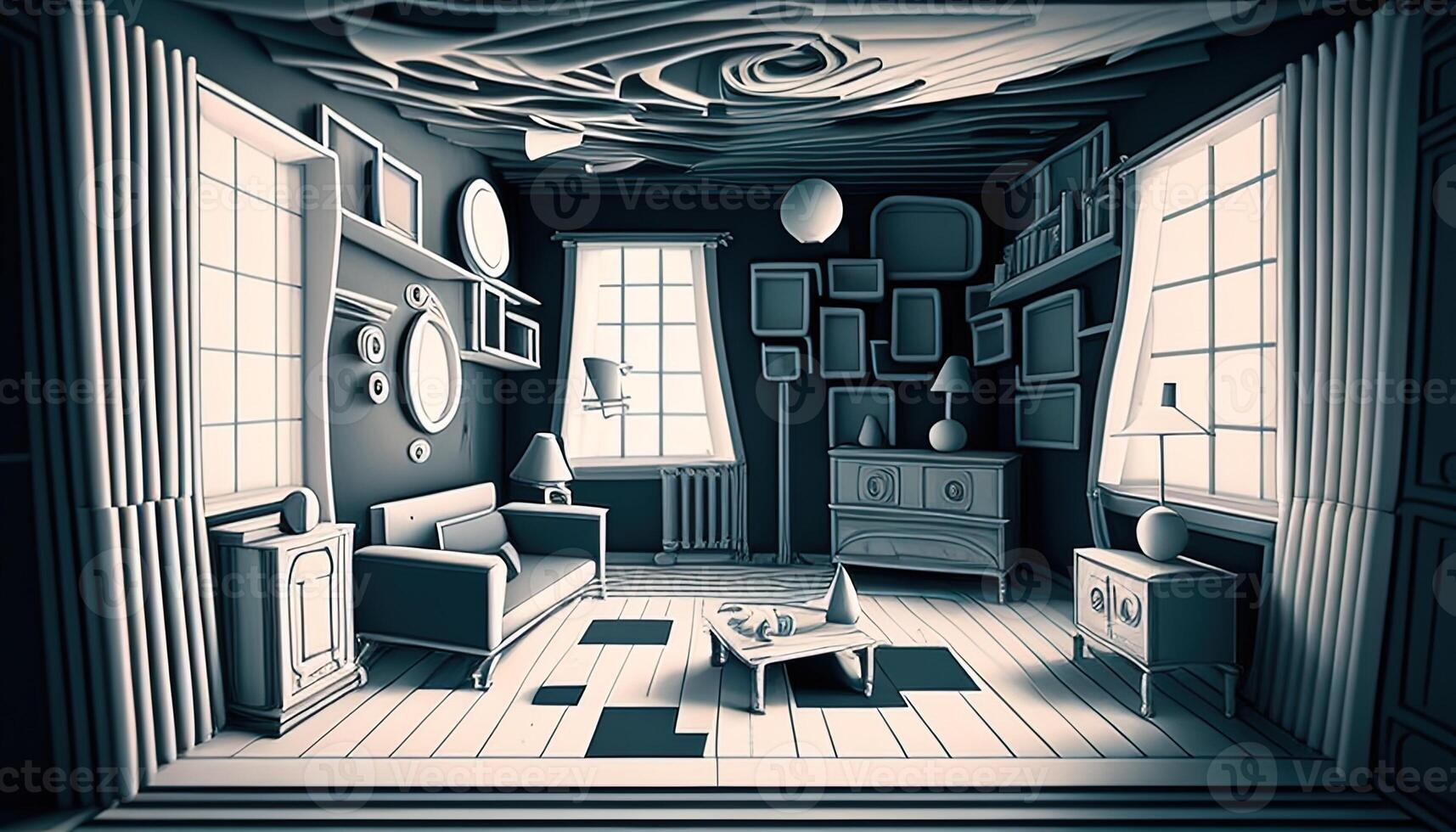 inverted room, digital art illustration, photo