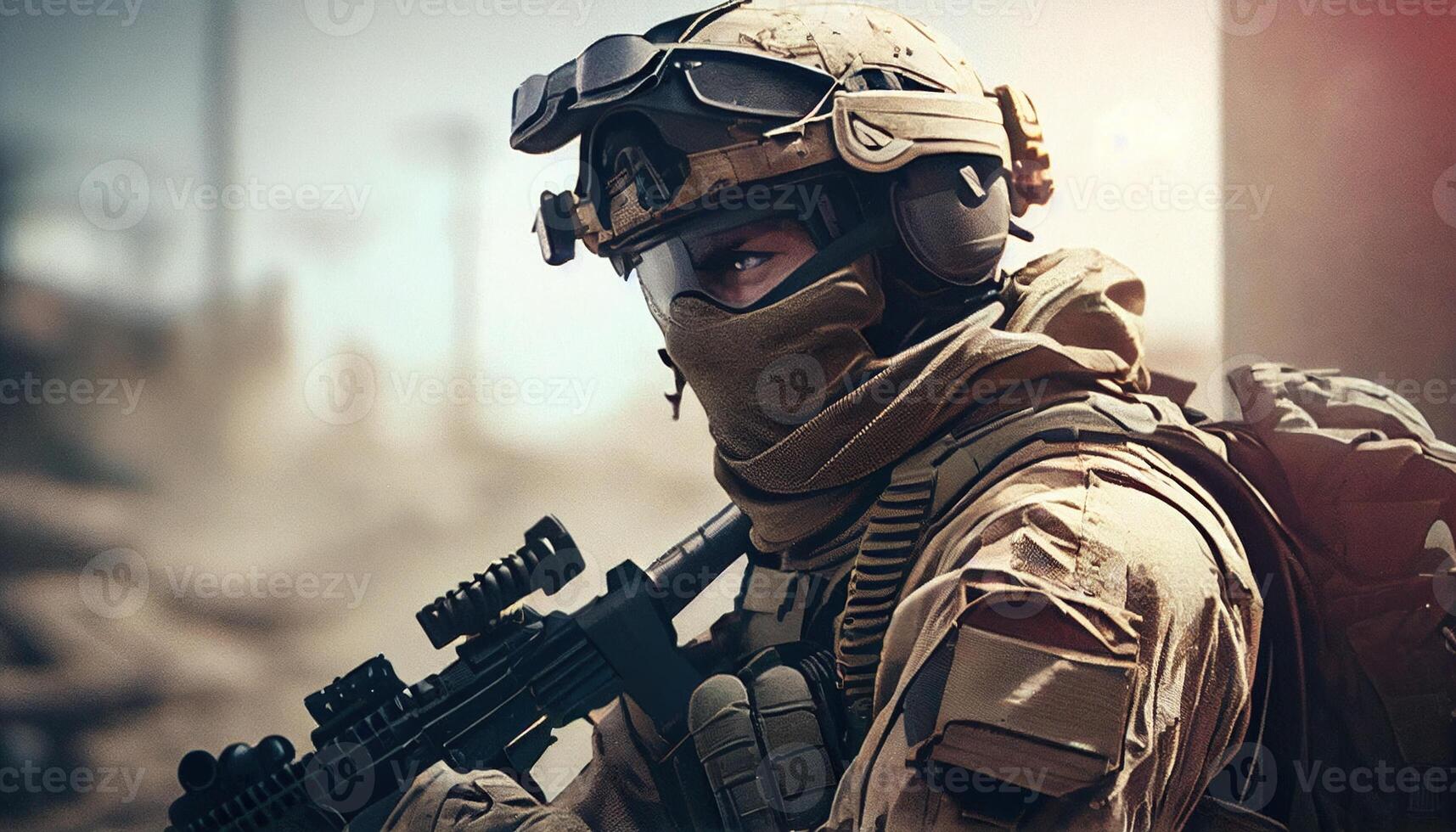 modern soldier in battle, digital art illustration, photo