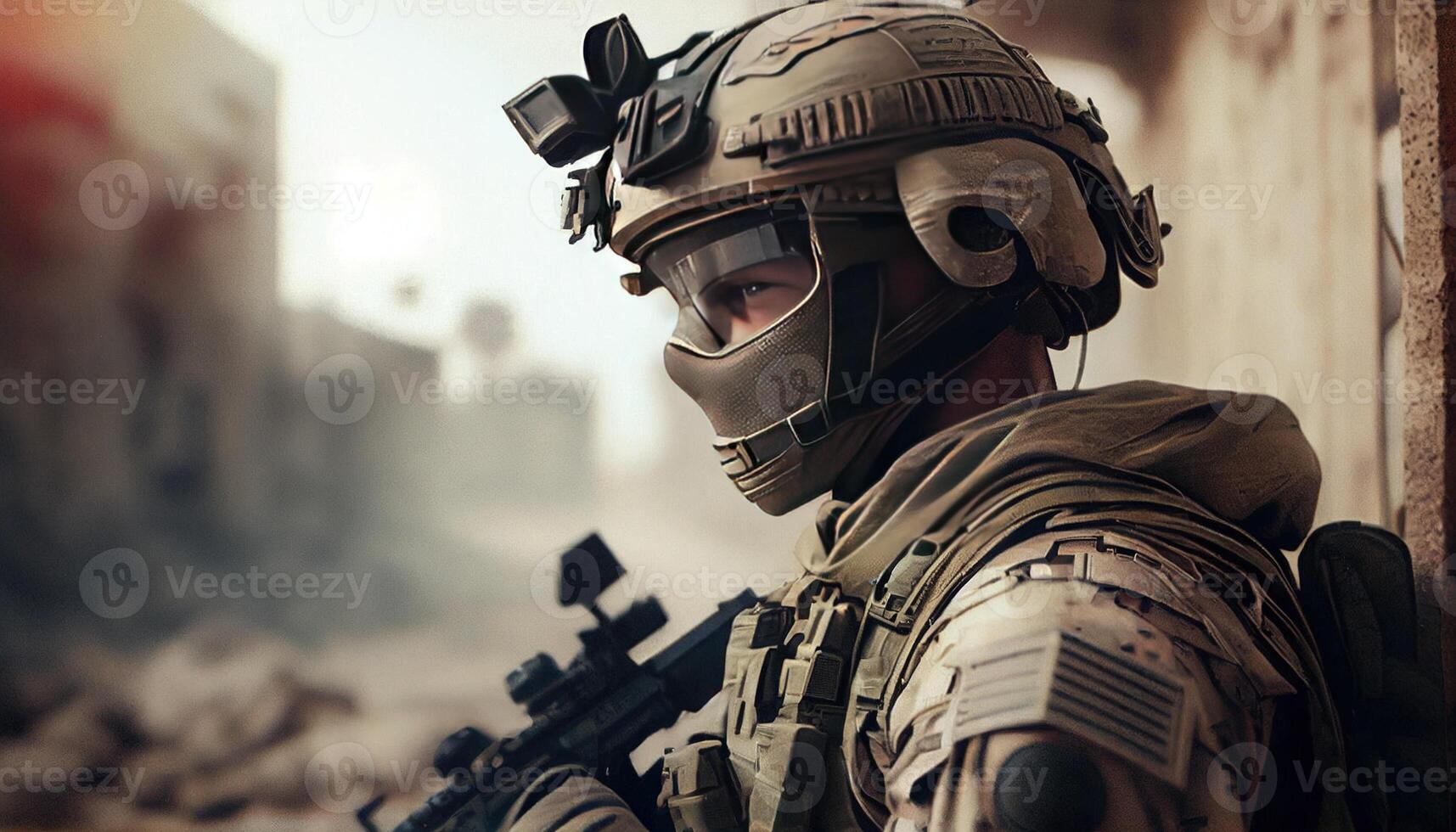 modern soldier in battle, digital art illustration, photo
