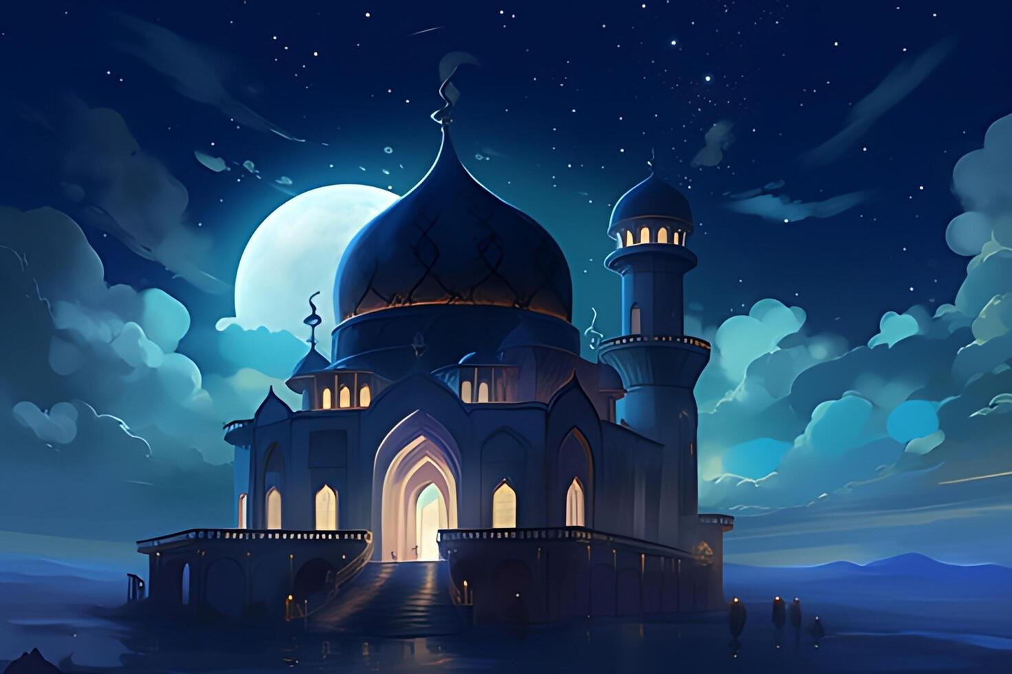Beutiful mosque with star and moon in the sky background. photo