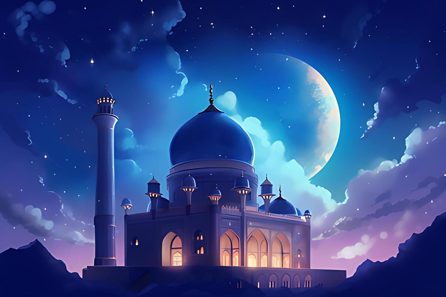 Beutiful mosque with star and moon in the sky background. photo
