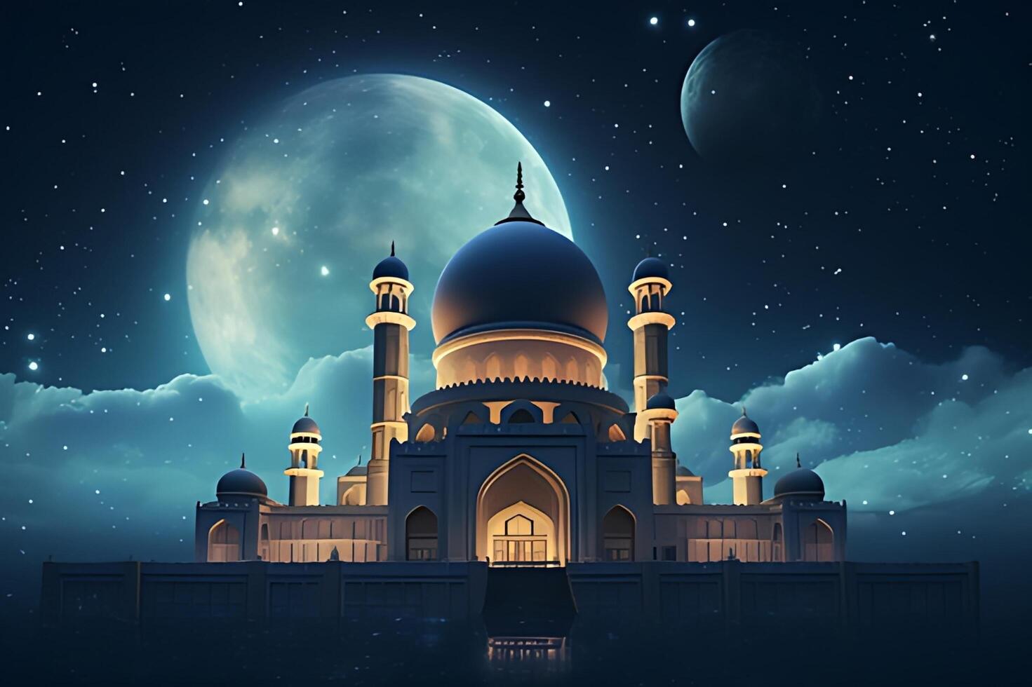 Beutiful mosque with star and moon in the sky background. photo