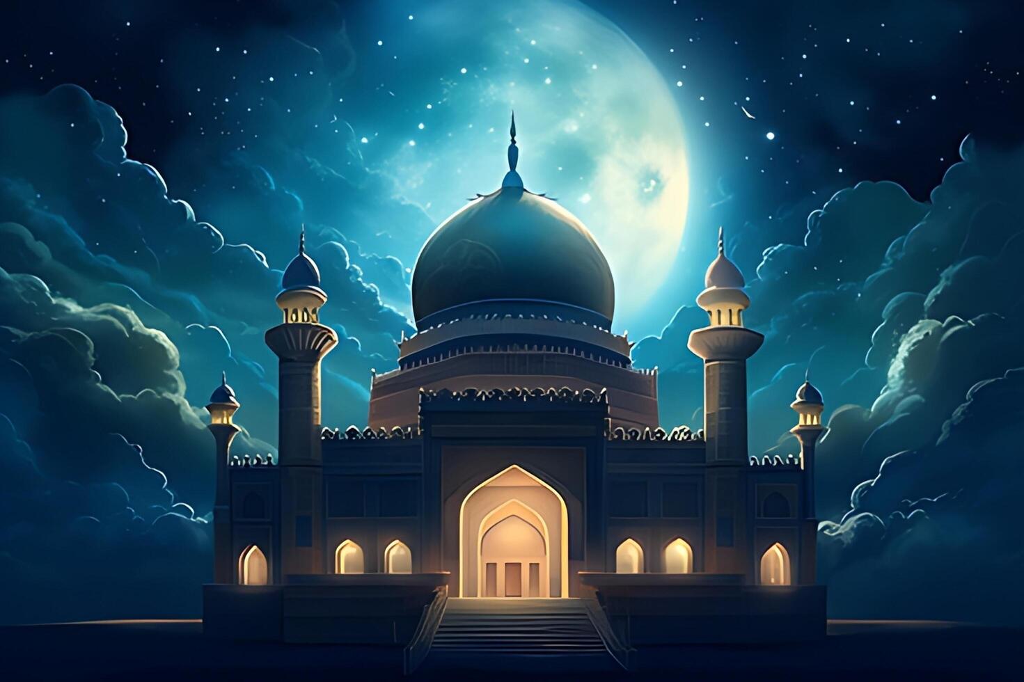 Beutiful mosque with star and moon in the sky background. photo