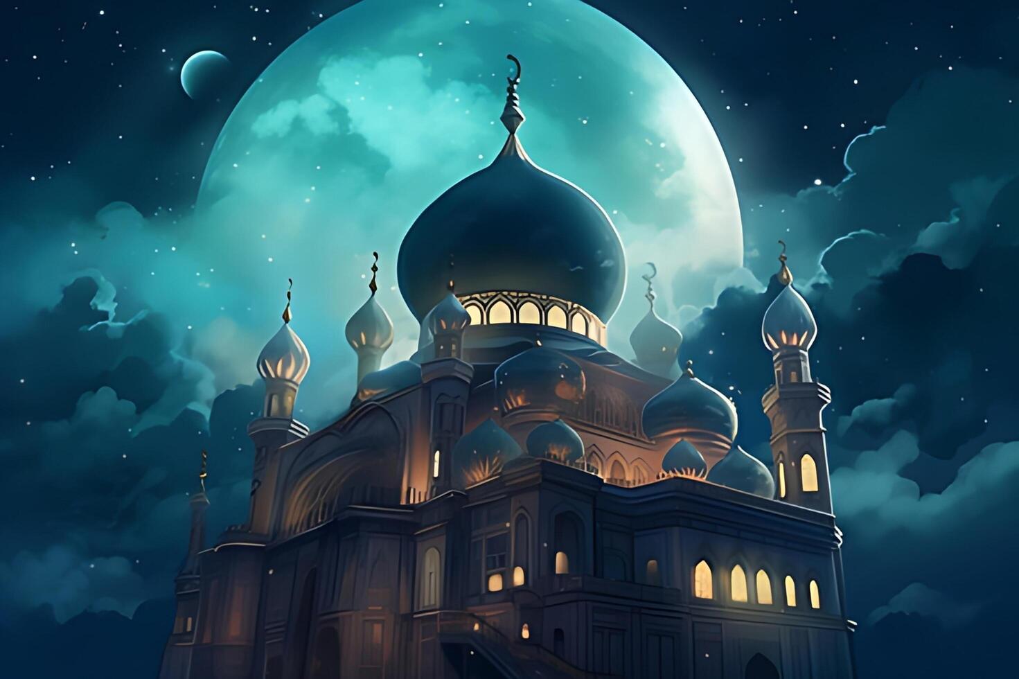 Beutiful mosque with star and moon in the sky background. photo