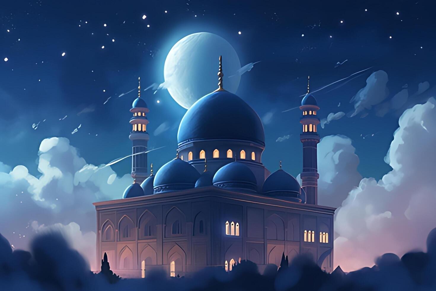 Beutiful mosque with star and moon in the sky background. photo