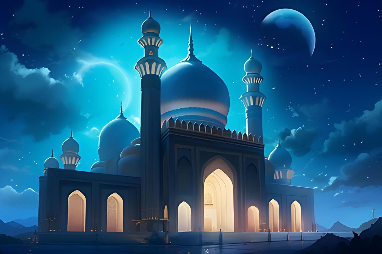 Beutiful mosque with star and moon in the sky background. photo