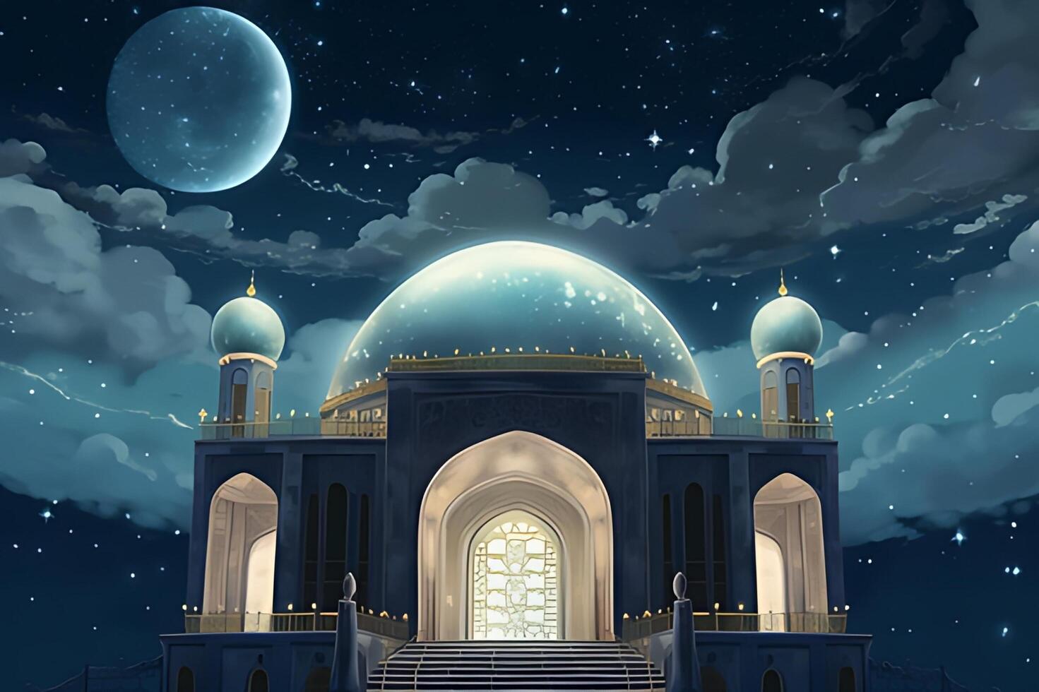 Beutiful mosque with star and moon in the sky background. photo