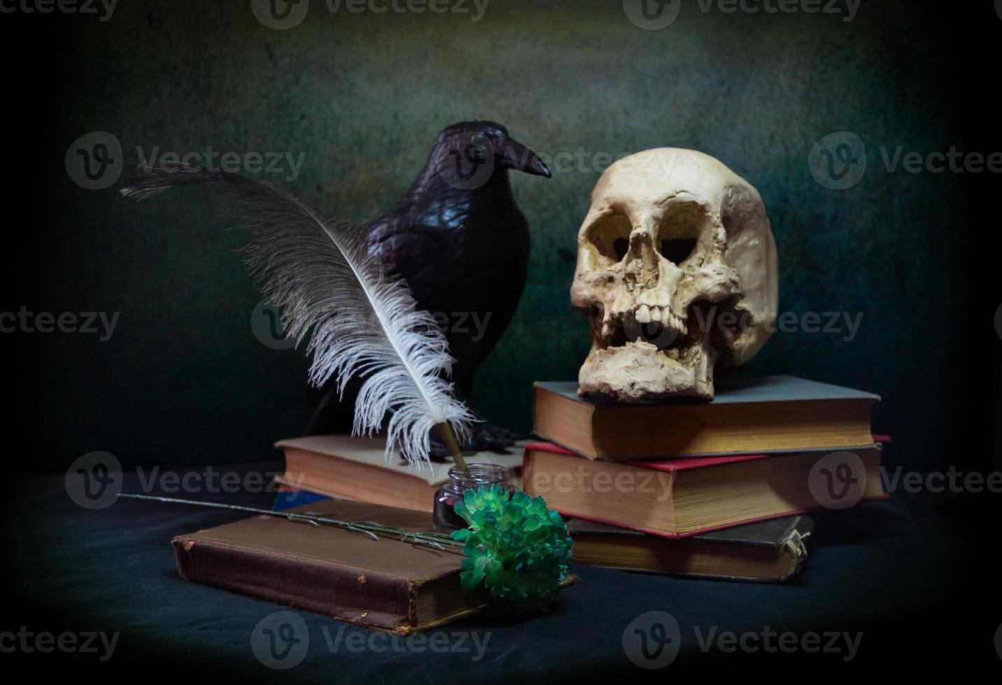 Books a human skull, a raven and a green carnation. photo