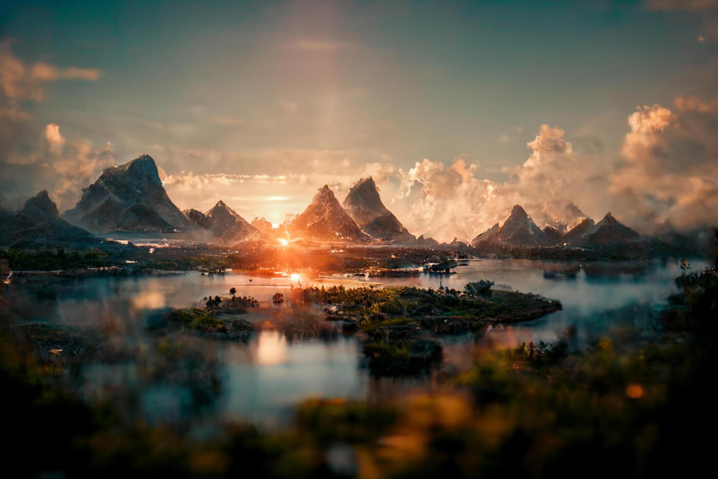 large body of water with mountains in the background. . photo