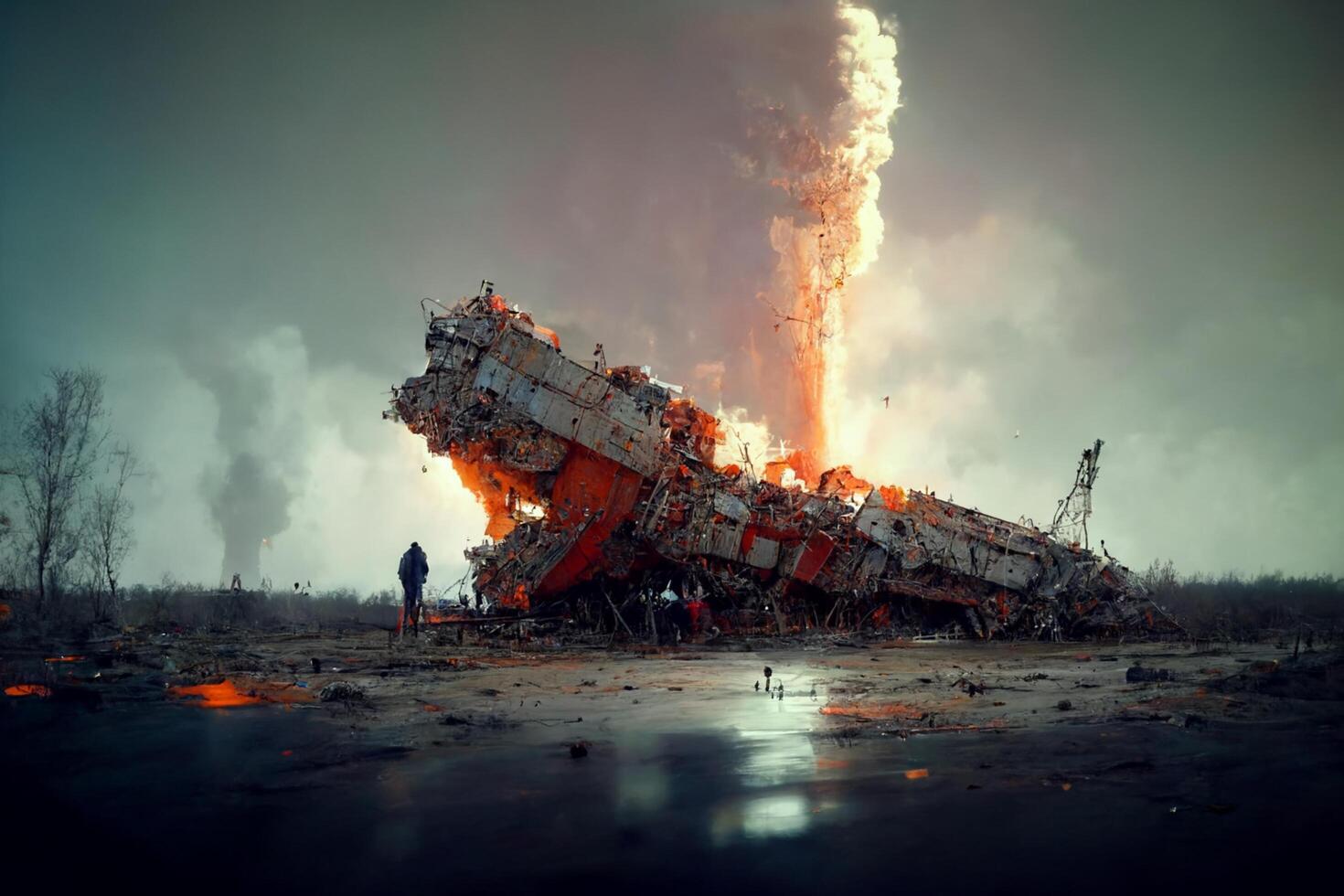 man standing in front of a building with a fire coming out of it. . photo