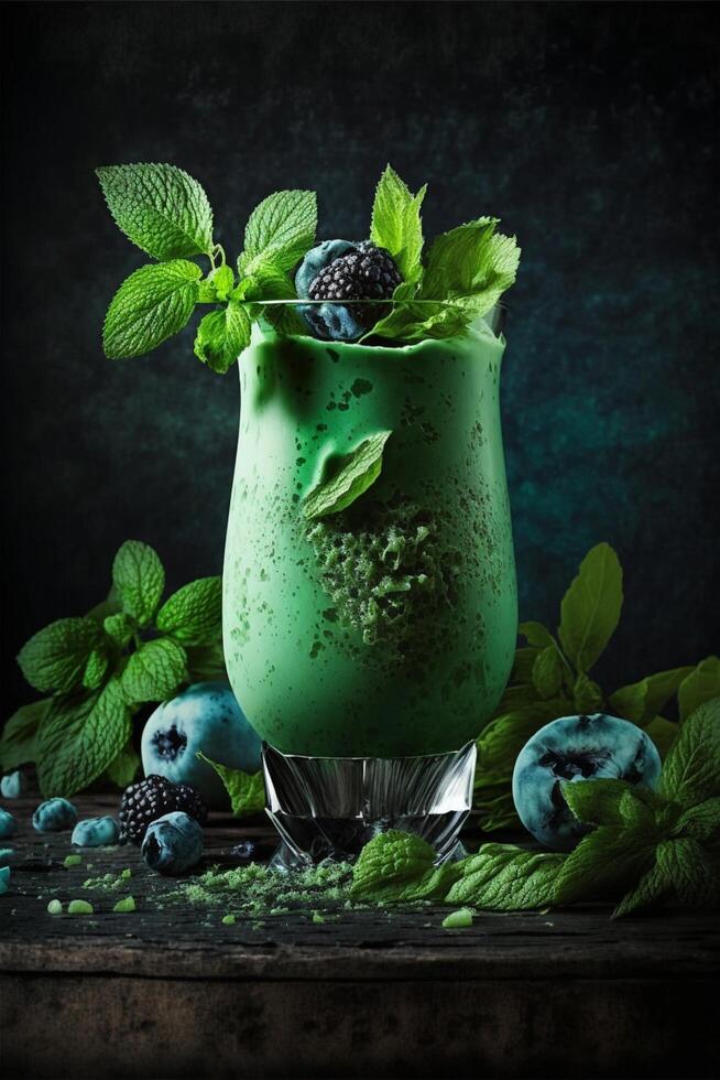 green smoothie with blueberries and mint leaves. . photo