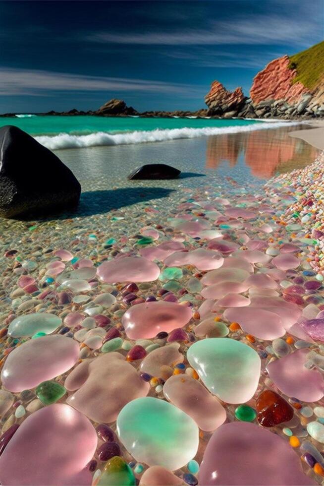 playa lleno con un montón de diferente de colores rocas generativo ai. foto