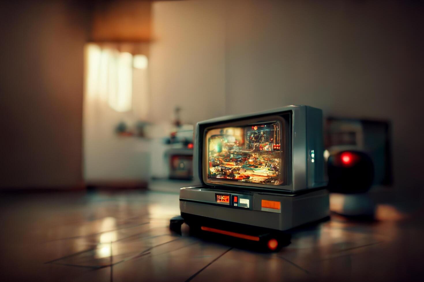 small television sitting on top of a wooden floor. . photo