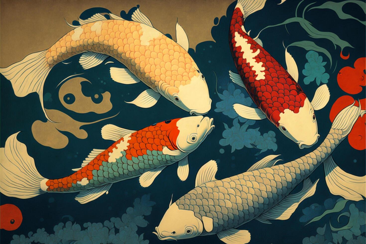 painting of two koi fish swimming in a pond. . photo