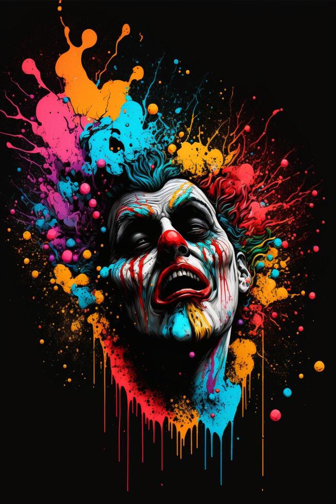 clown with colorful paint splatters on his face. . photo