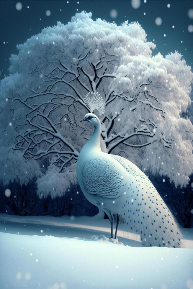 white peacock standing in the snow next to a tree. . photo