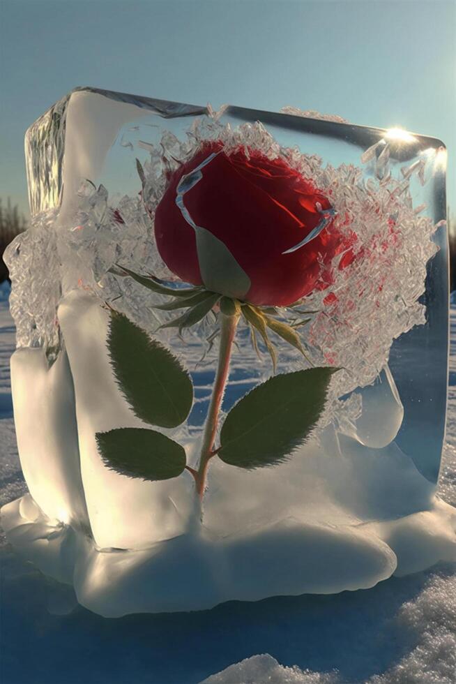 red rose sitting inside of an ice block. . photo