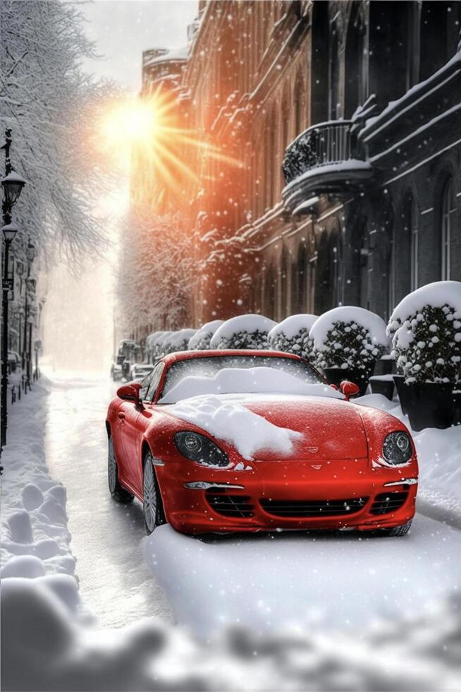 red sports car parked on a snowy street. . photo