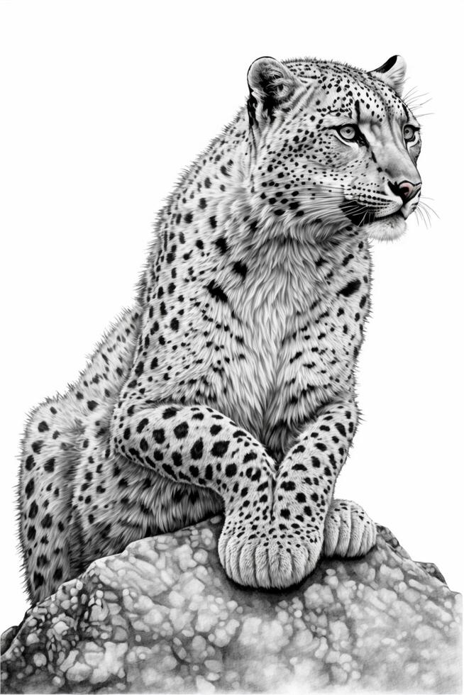 drawing of a snow leopard sitting on a rock. . photo