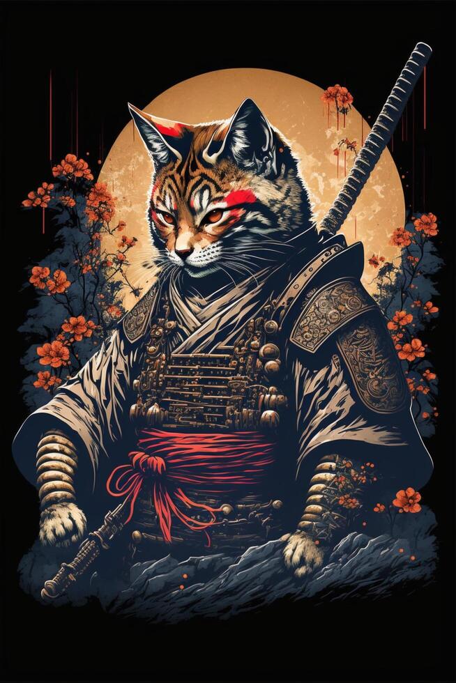 cat dressed as a samurai in front of a full moon. . photo