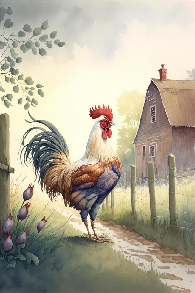 painting of a rooster in front of a barn. . photo