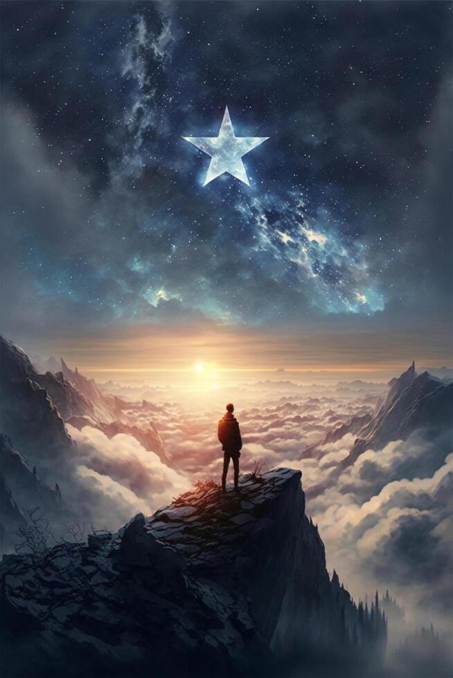 man standing on top of a mountain looking at a star. . photo