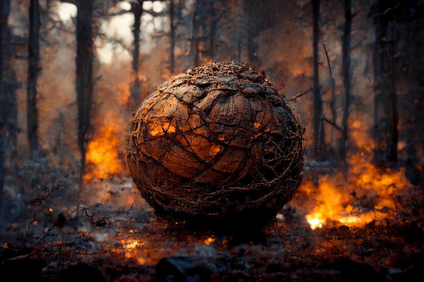 bola de fuego sentado en el medio de un bosque. generativo ai. foto