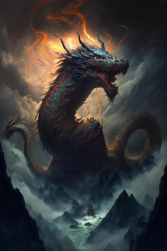 painting of a dragon on top of a mountain. . photo