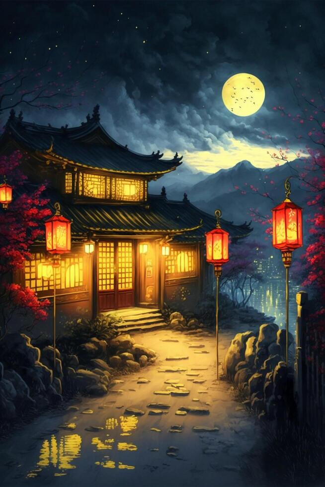 painting of a chinese house at night. . photo