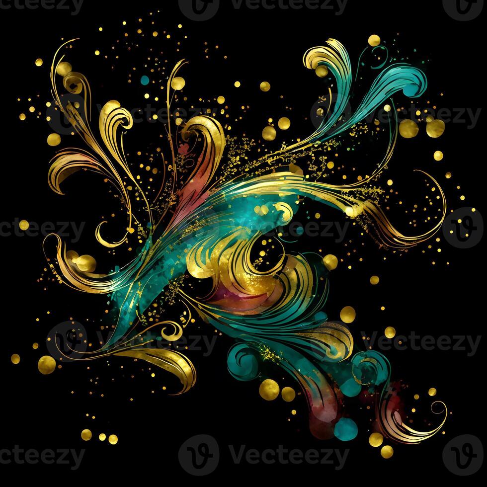 Abstract multicolor paint splash explosion on black background, Abstract swirling background, Watercolor glitter texture, photo