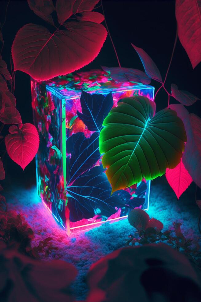 glowing cube with a leaf inside of it. . photo