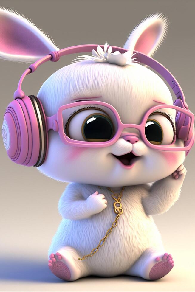 dibujos animados conejito vistiendo auriculares y escuchando a música. generativo ai. foto