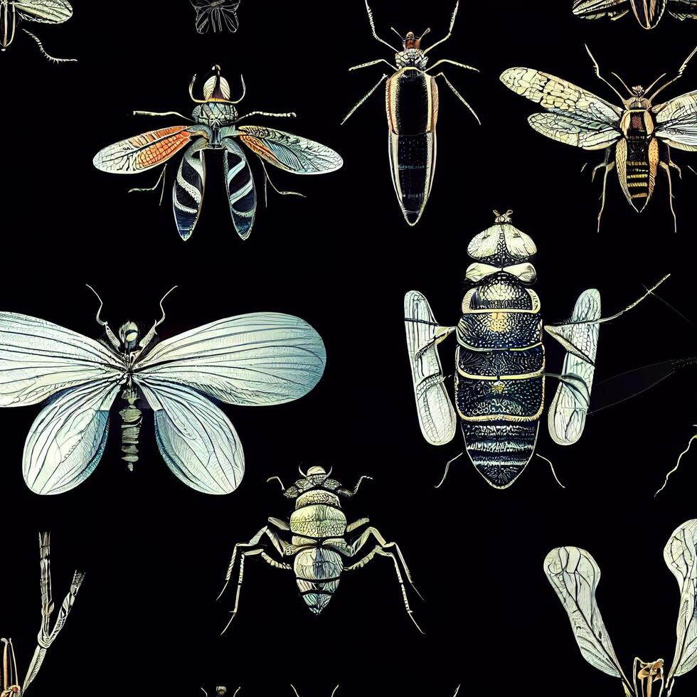 group of insects on a black background. . photo