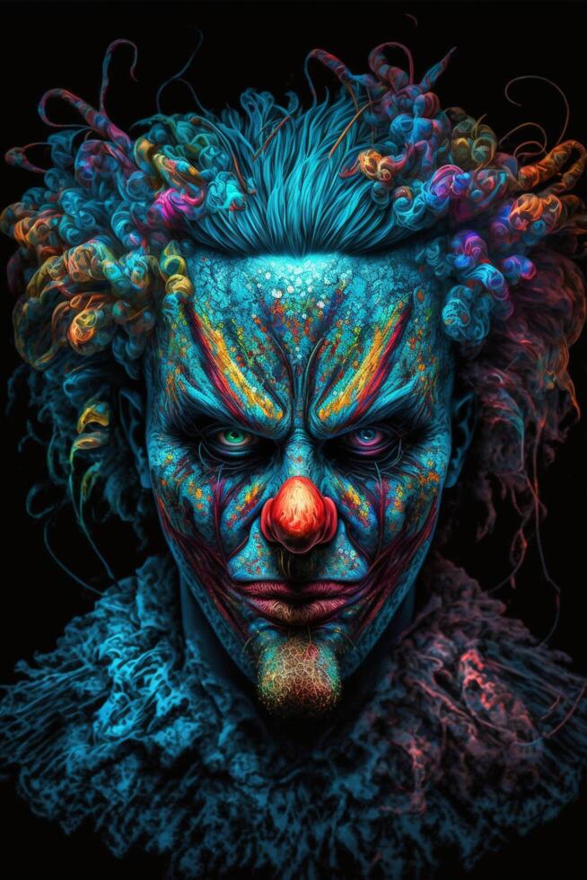 close up of a clowns face on a black background. . photo