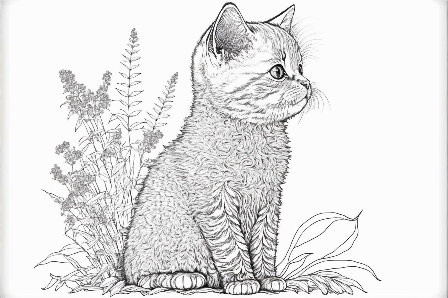 drawing of a cat sitting in the grass. . photo