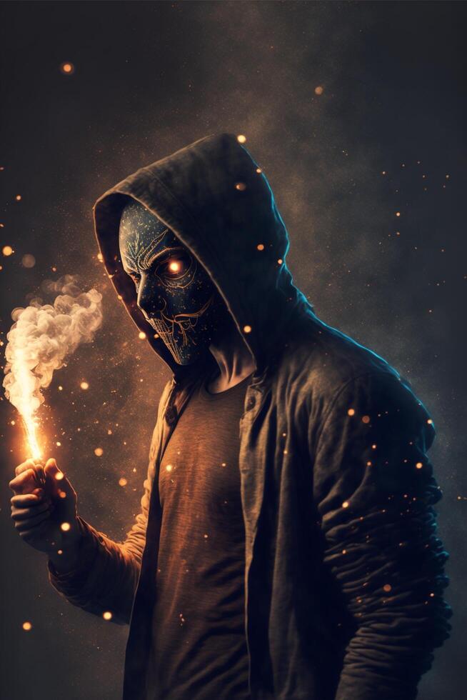 man in a gas mask holding a lighter. . photo