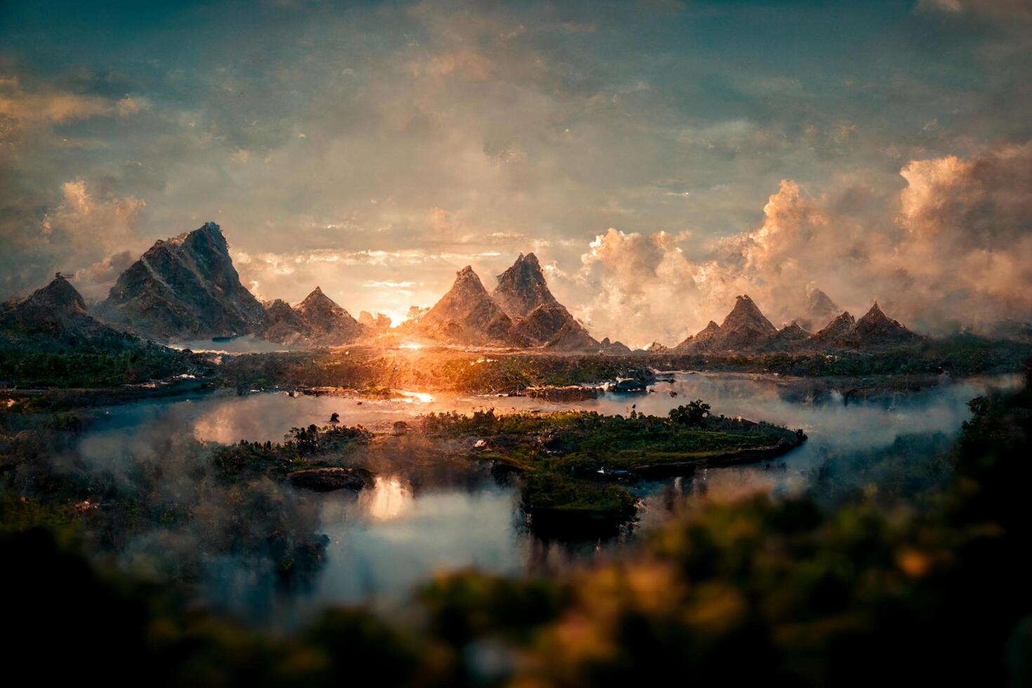 grande cuerpo de agua con montañas en el antecedentes. generativo ai. foto