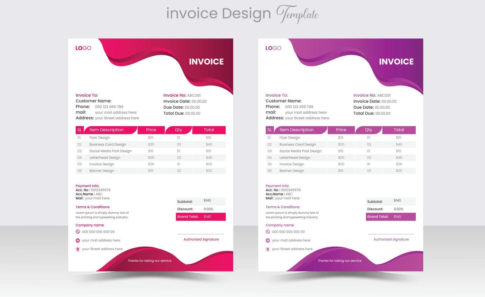Minimal Corporate Business Invoice design for the corporate office. Invoicing quotes, money bills or price invoices, and payment agreement design templates Creative invoice Template vector
