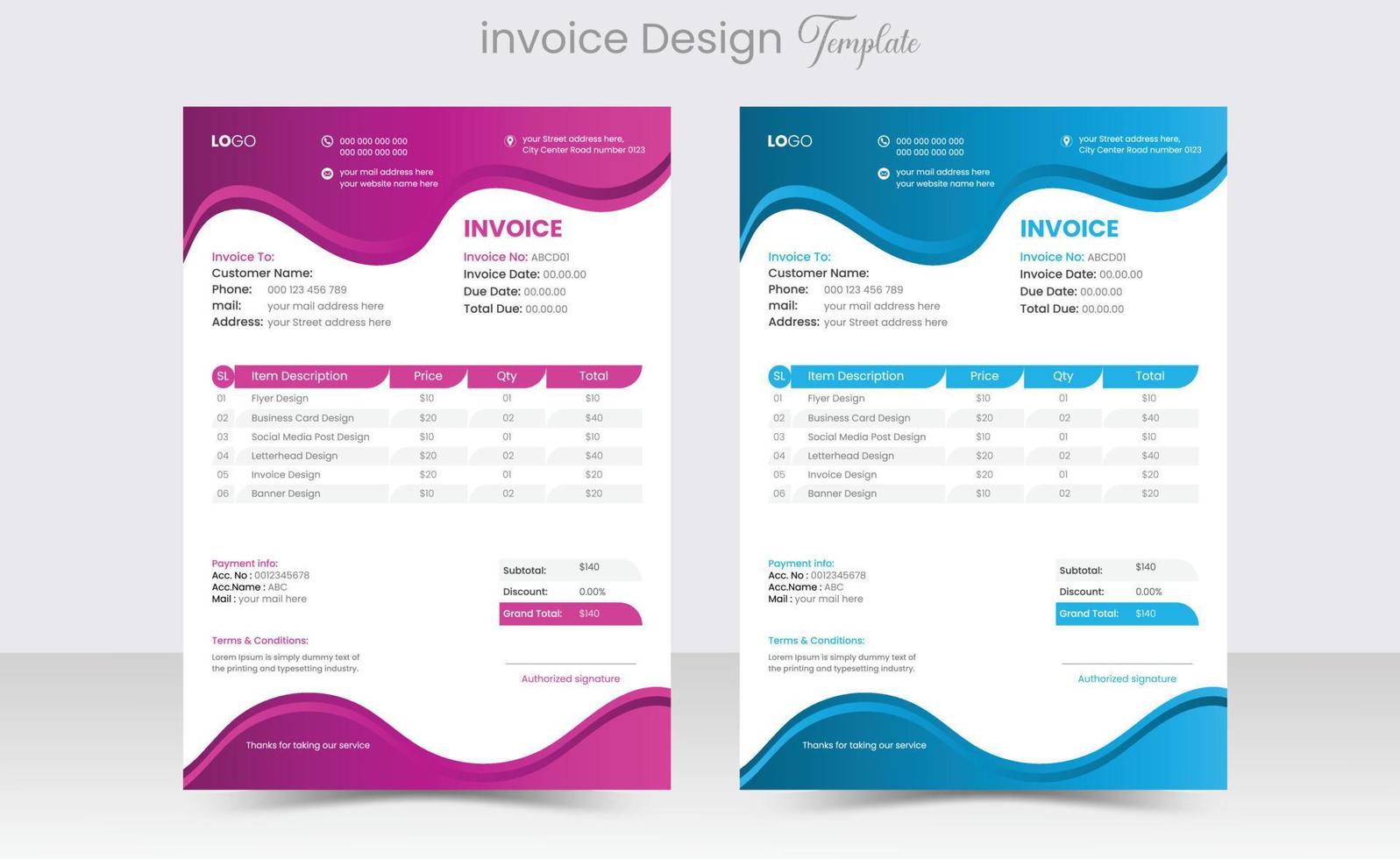 Minimal Corporate Business Invoice design for the corporate office. Invoicing quotes, money bills or price invoices, and payment agreement design templates Creative invoice Template vector