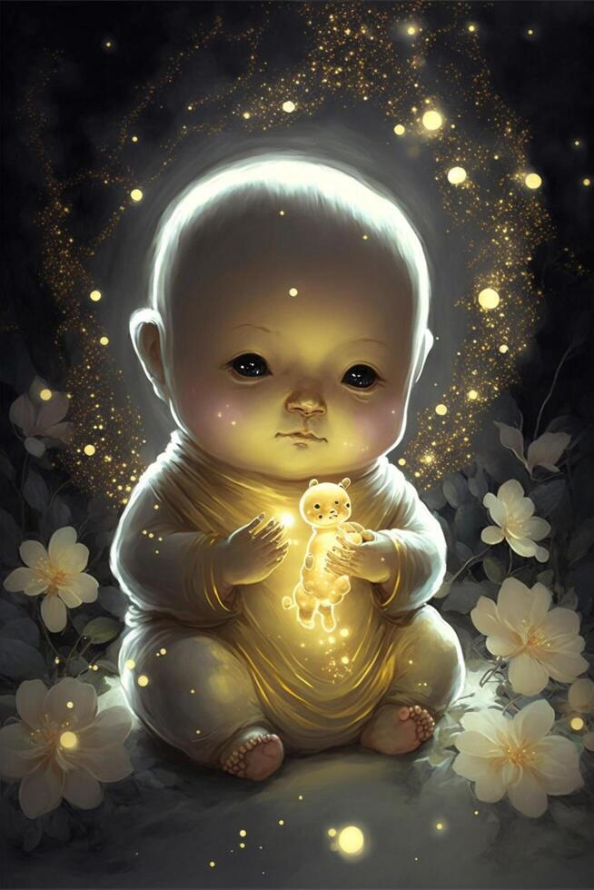 digital painting of a baby holding a glowing teddy bear. . photo