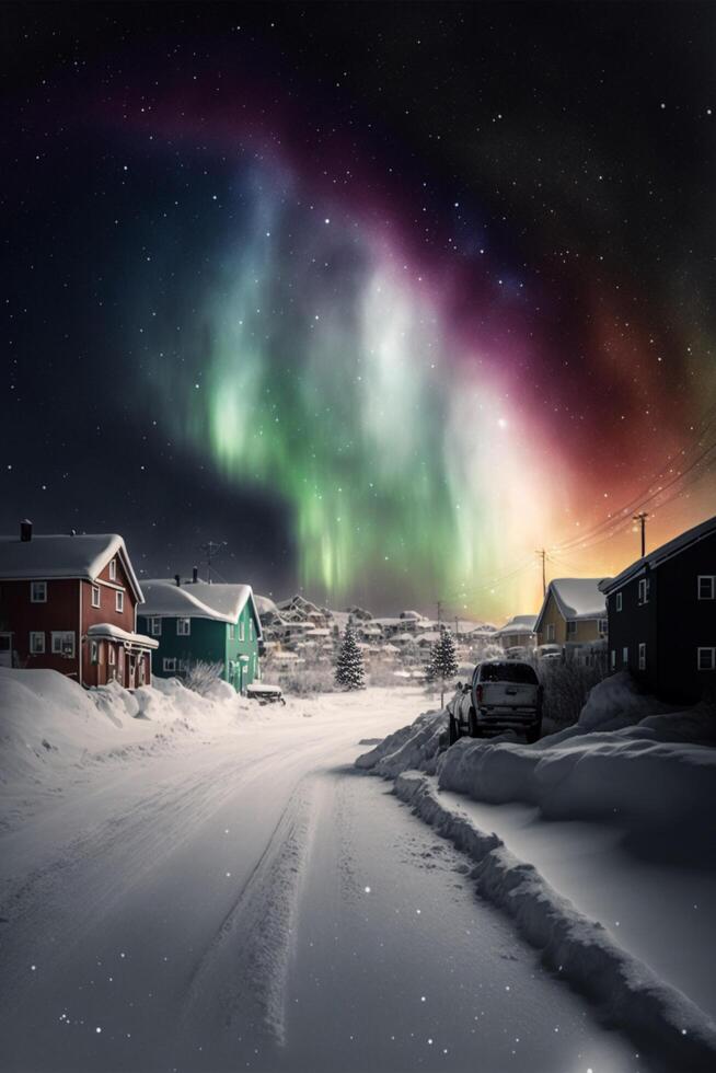 nieve cubierto calle con casas y Aurora luces en el cielo. generativo ai. foto