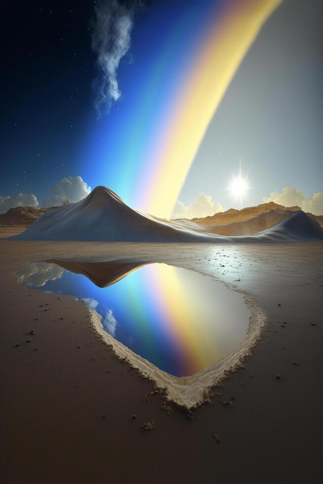 Desierto paisaje con un arco iris reflejando en el agua. generativo ai. foto