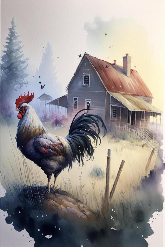 painting of a rooster standing in front of a barn. . photo