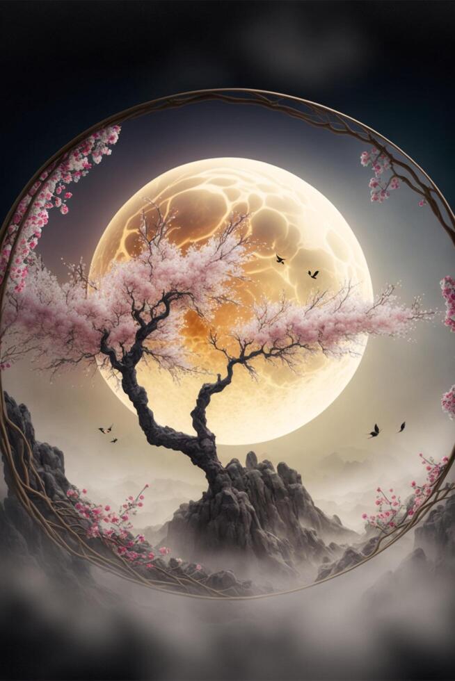 painting of a tree in front of a full moon. . photo