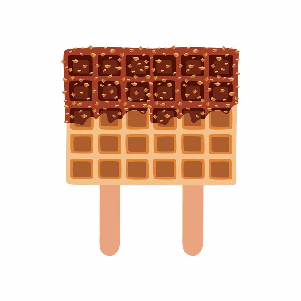 Vector illustration of double golden brown waffle homemade corn dog on two stick's with dark chocolate and nuts.