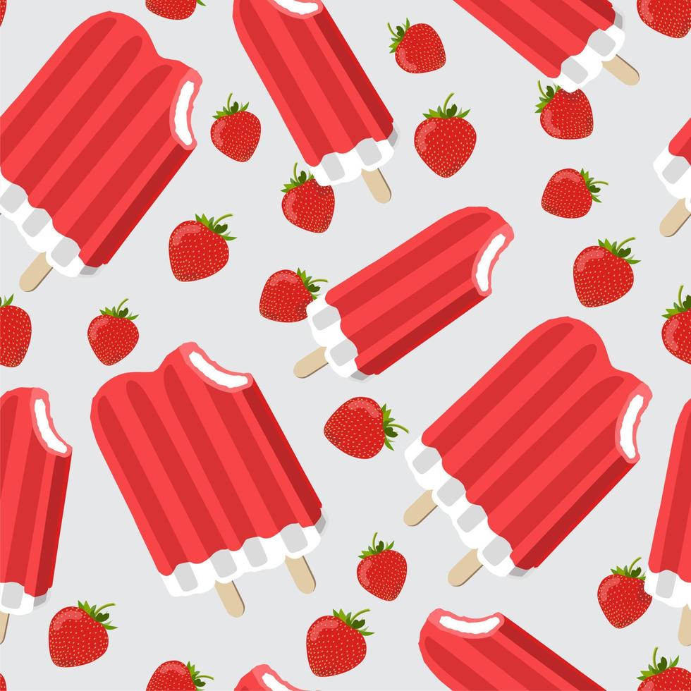 Frozen strawberry double ice cream icons vector illustration with strawberries. Seamless pattern. Gray background.
