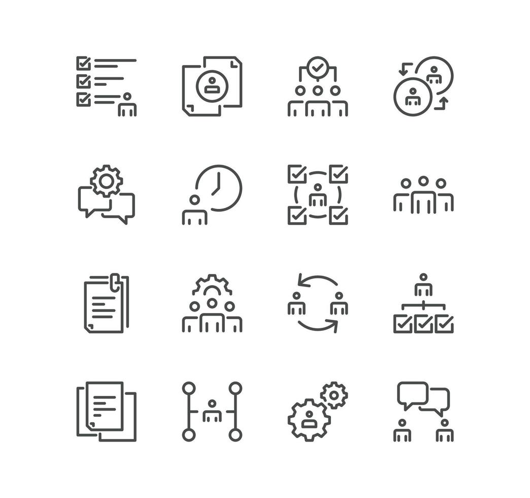 Set of human resources related icons, recruitment, office management, company structure and linear variety vectors. vector