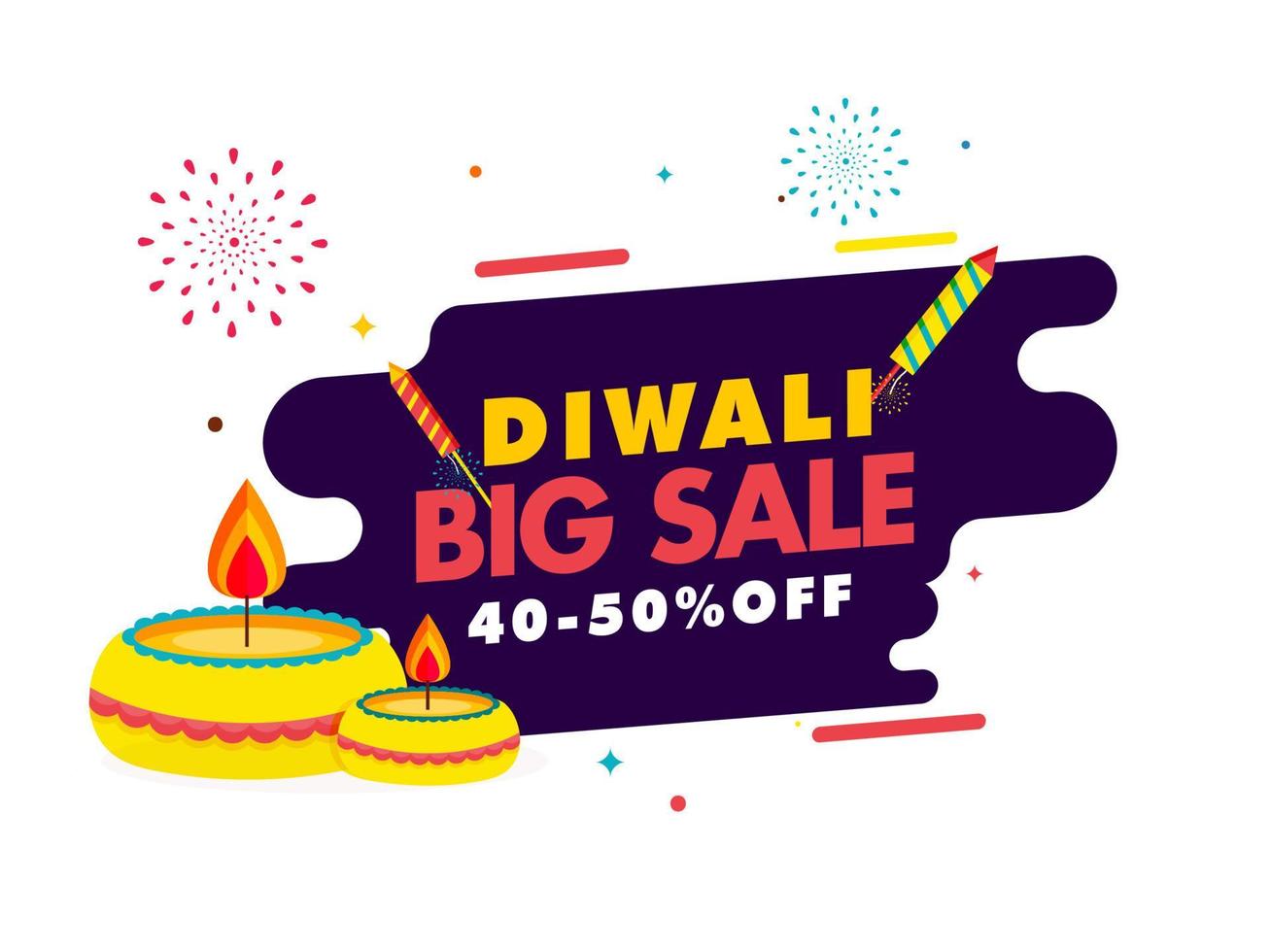 Diwali Big Sale Poster Design with Discount Offer, Illuminated Oil Lamps and Firecracker Rockets on White and Purple Background. vector