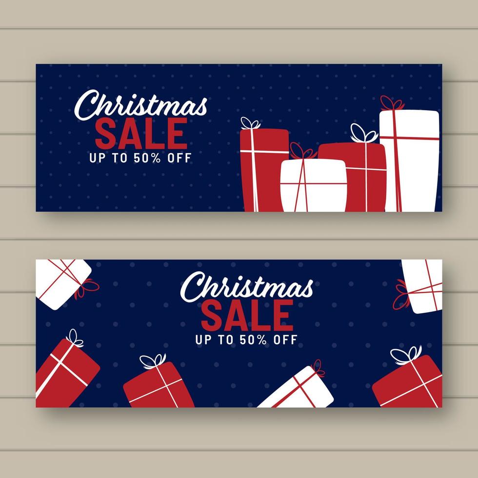 For Christmas Sale Header Or Banner Design With Gift Boxes In Two Options. vector