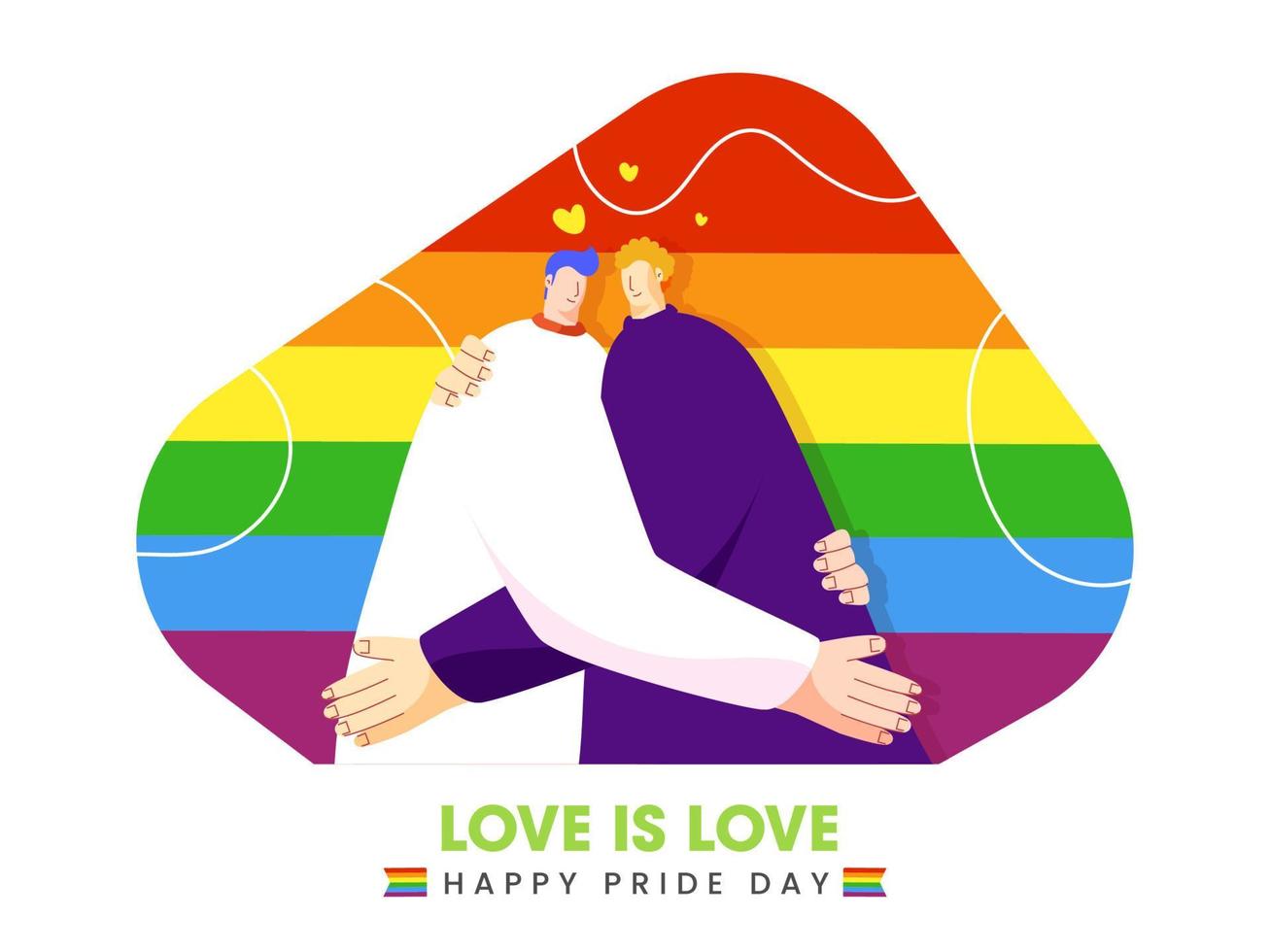 Happy Pride Day vector illustration with young gay couple embrace on beautiful background. Love is Love concept.